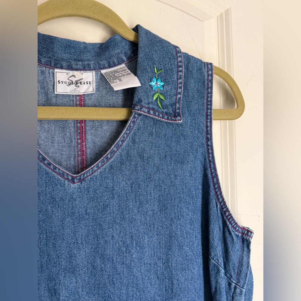 90’s studio ease Embroidered Denim maxi dress sz 12 picnic casual cottage - Picture 4 of 8